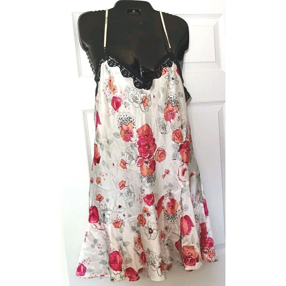 Delicates Slip Dress Sz Medium Floral Print Lace Trim Chemise Gown Lingerie Vtg